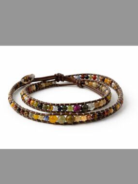 Chan Luu 3 Wrap Bracelet Mixed Gemstone Brown Leather, Original Pouch $150
